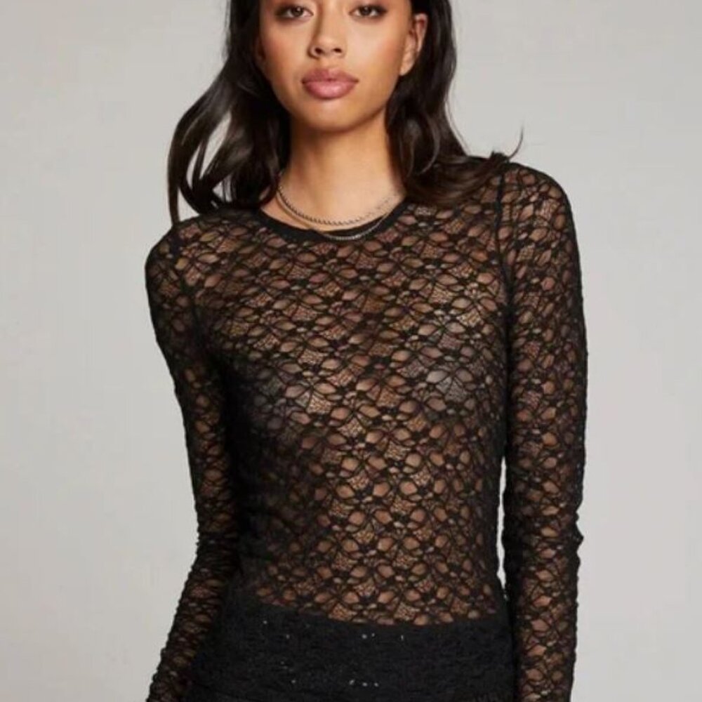 NWT CHASER Black Long Sleeve Stretch Lace Top Size S
